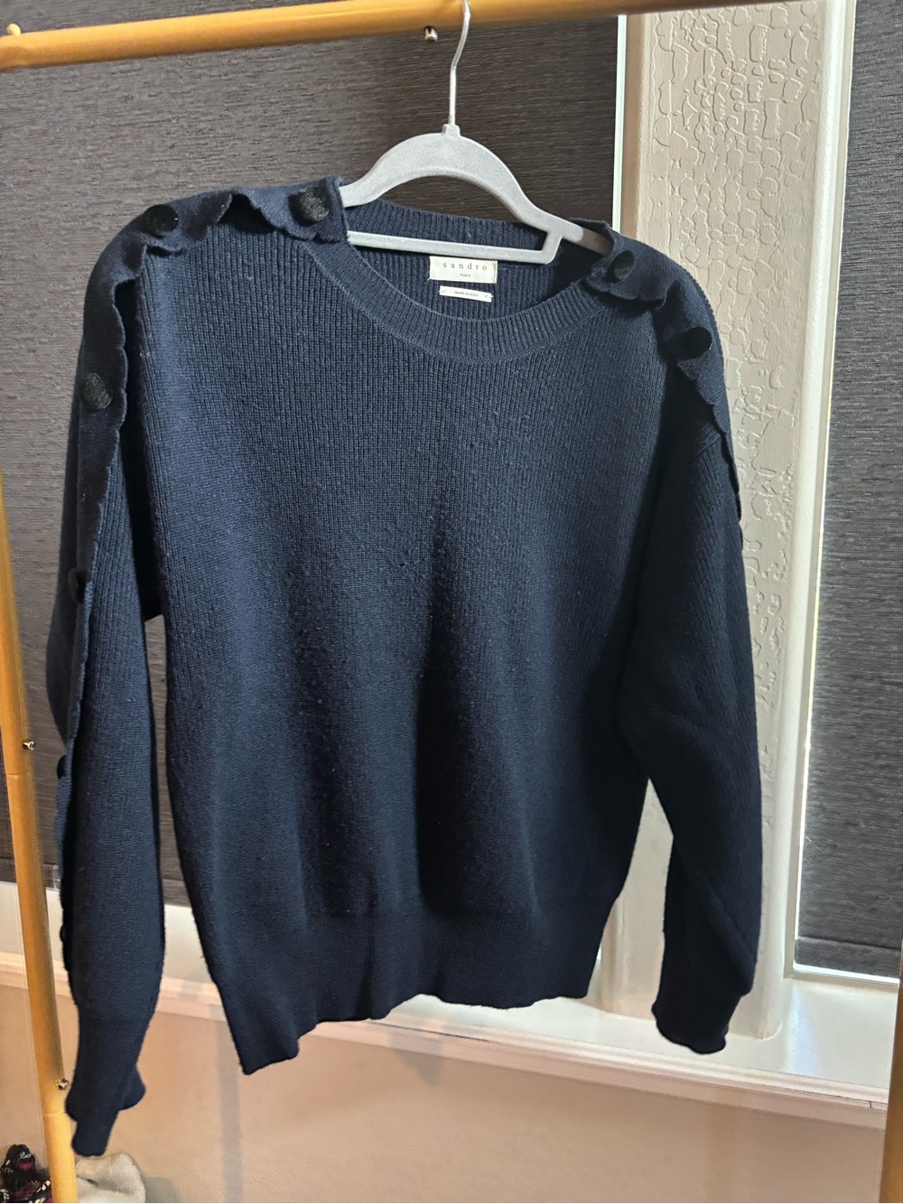 Sandro Women’s Navy Crewneck Sweater with Button Sleeve Detail
